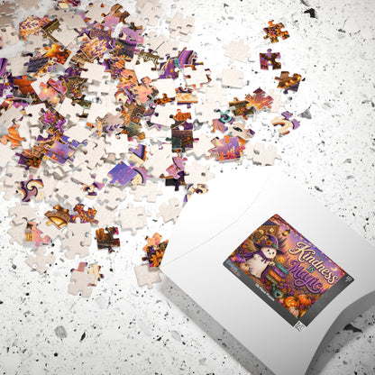 Kindness Is Magic Halloween Puzzle - Witch Ghost with Magic Wand, Purple Pumpkins, and Wildflowers
