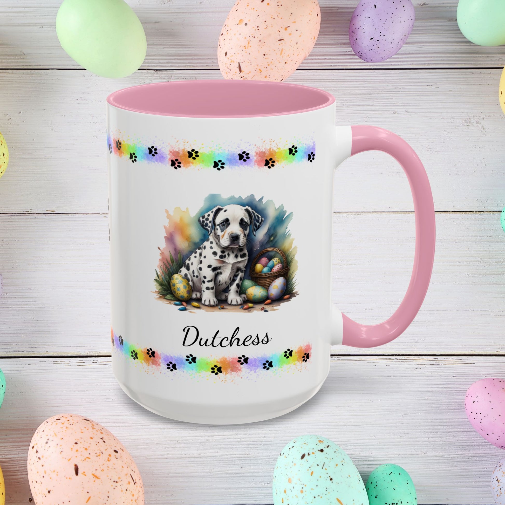 Dalmatian: Personalized Easter Puppy Coffee Mug - Adorable Dog Design, Mental Health Gift, 11oz & 15oz, 12 Color Choices, Easter Gifts & Décor