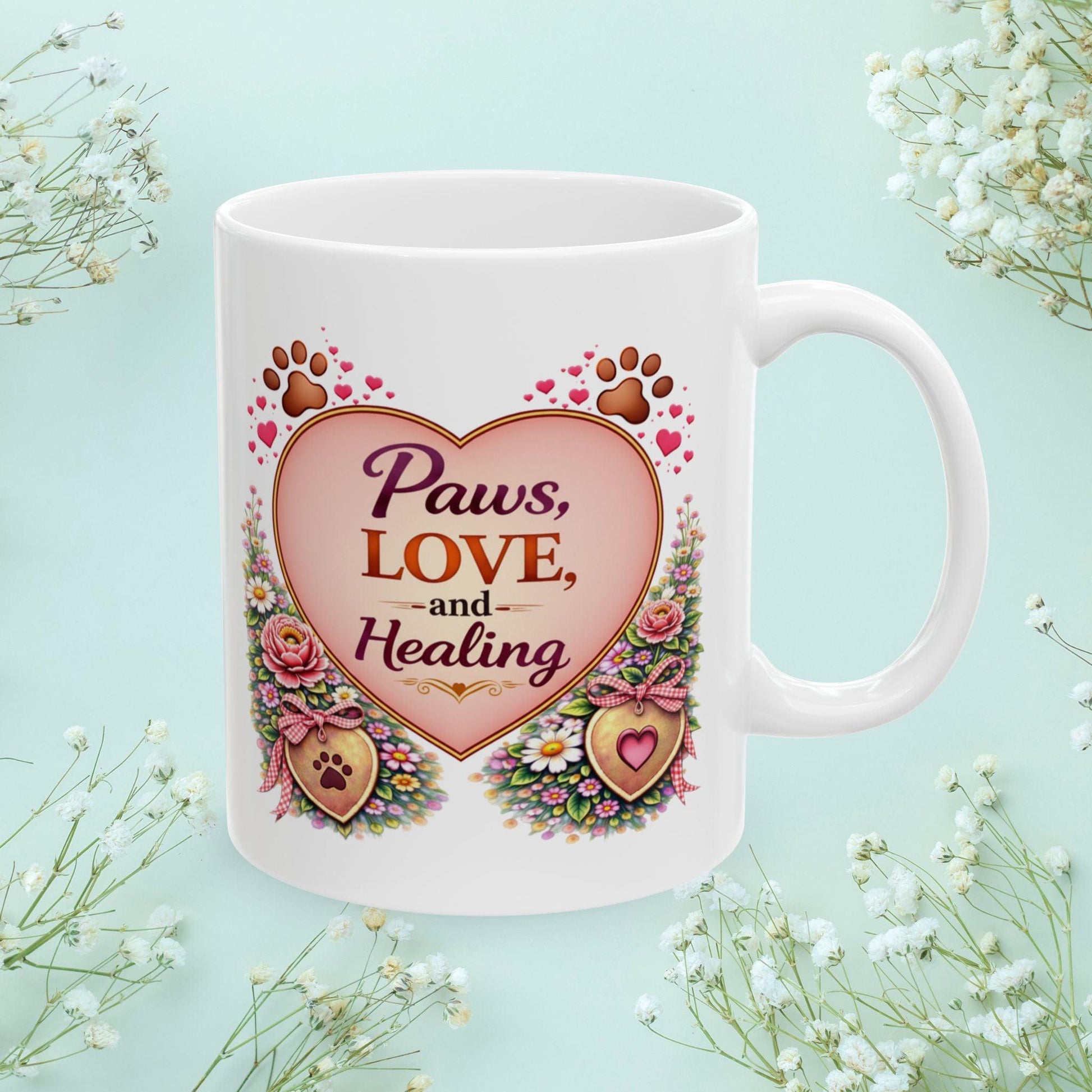 Shop our premium paws love and healing fur mom mug from MySisterIsASurvivor.