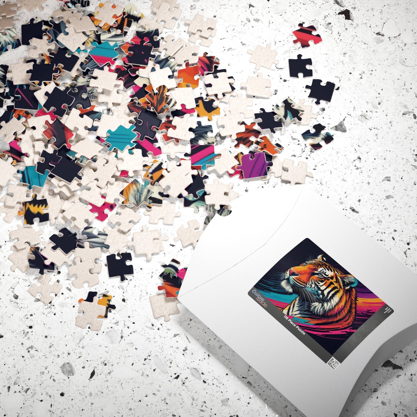 Stripes of Strength - Tiger Puzzle with Bold Rainbow Brushstrokes on Dark Background