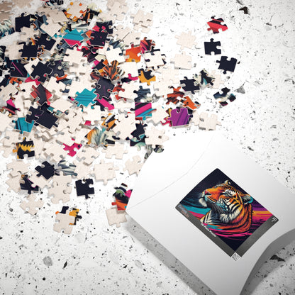 Stripes of Strength - Tiger Puzzle with Bold Rainbow Brushstrokes on Dark Background