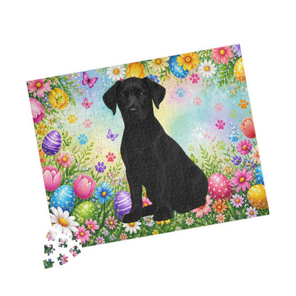 Doberman (Black) Easter Puppy Puzzle - Spring Flowers, Easter Eggs, and Butterflies