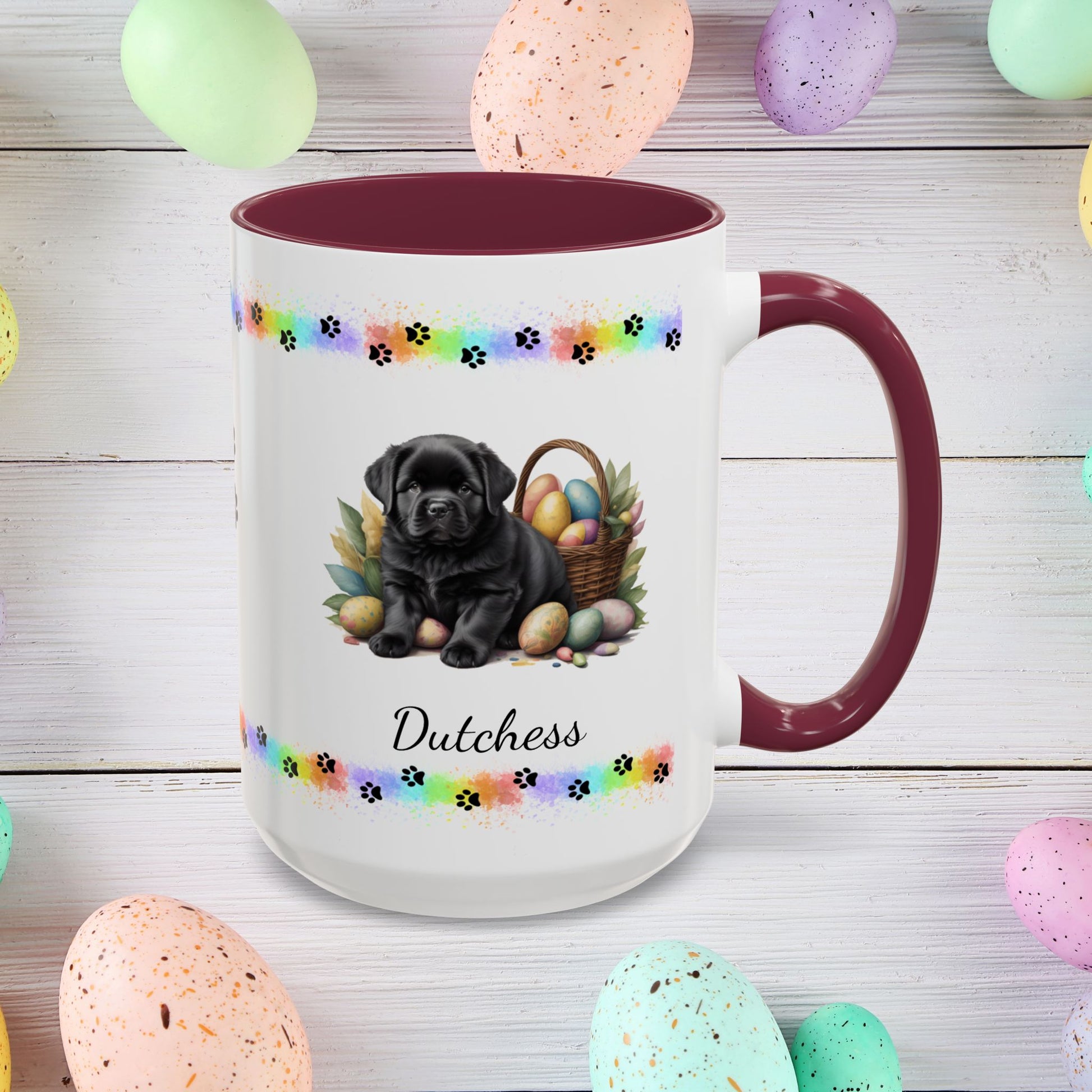 Newfoundland (Black): Personalized Easter Puppy Coffee Mug - Adorable Dog Design, Mental Health Gift, 11oz & 15oz, 12 Color Choices, Easter Gifts & Décor