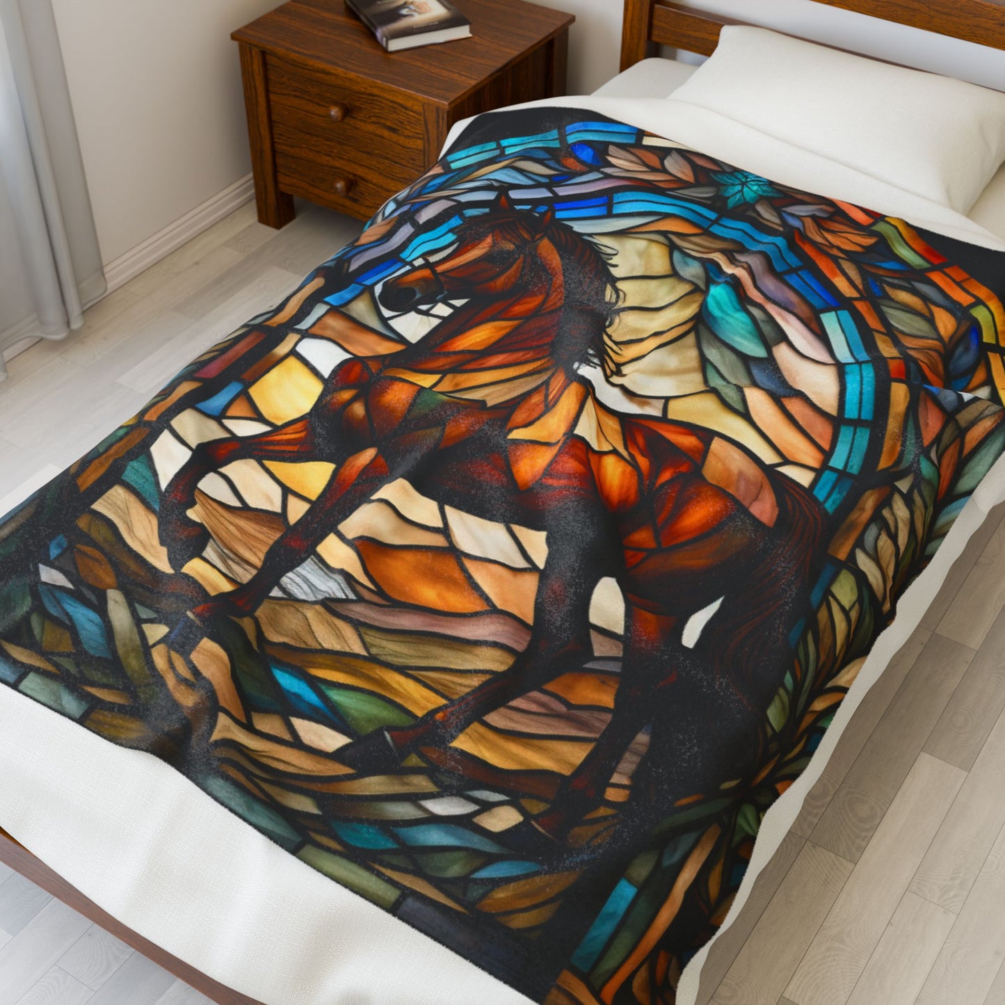A peaceful horse blanket designed with stained glass art for relaxation and mindfulness.