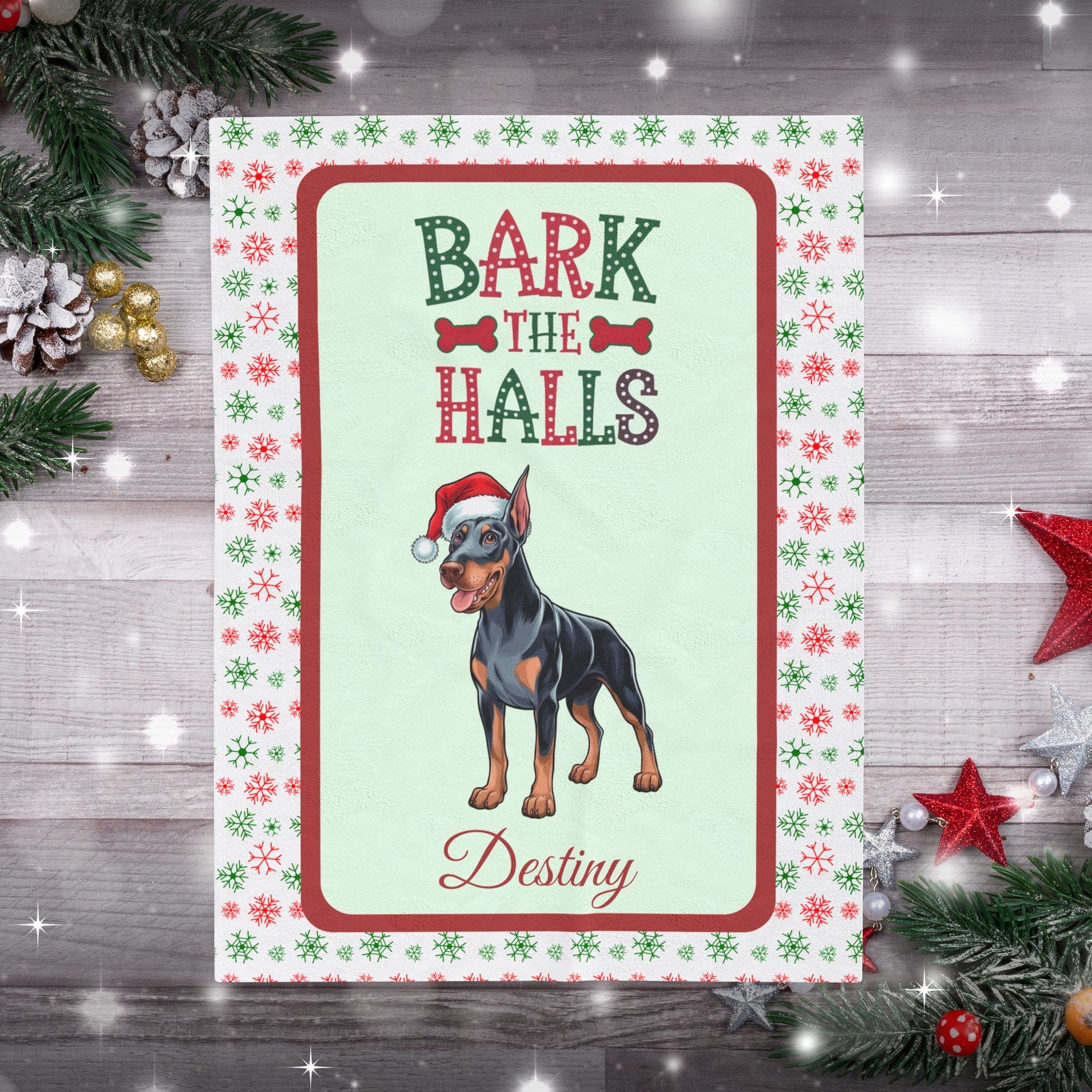 Doberman Pinscher (Blue & Rust) Custom Velveteen Blanket - festive Bark The Halls dog throw, perfect gift