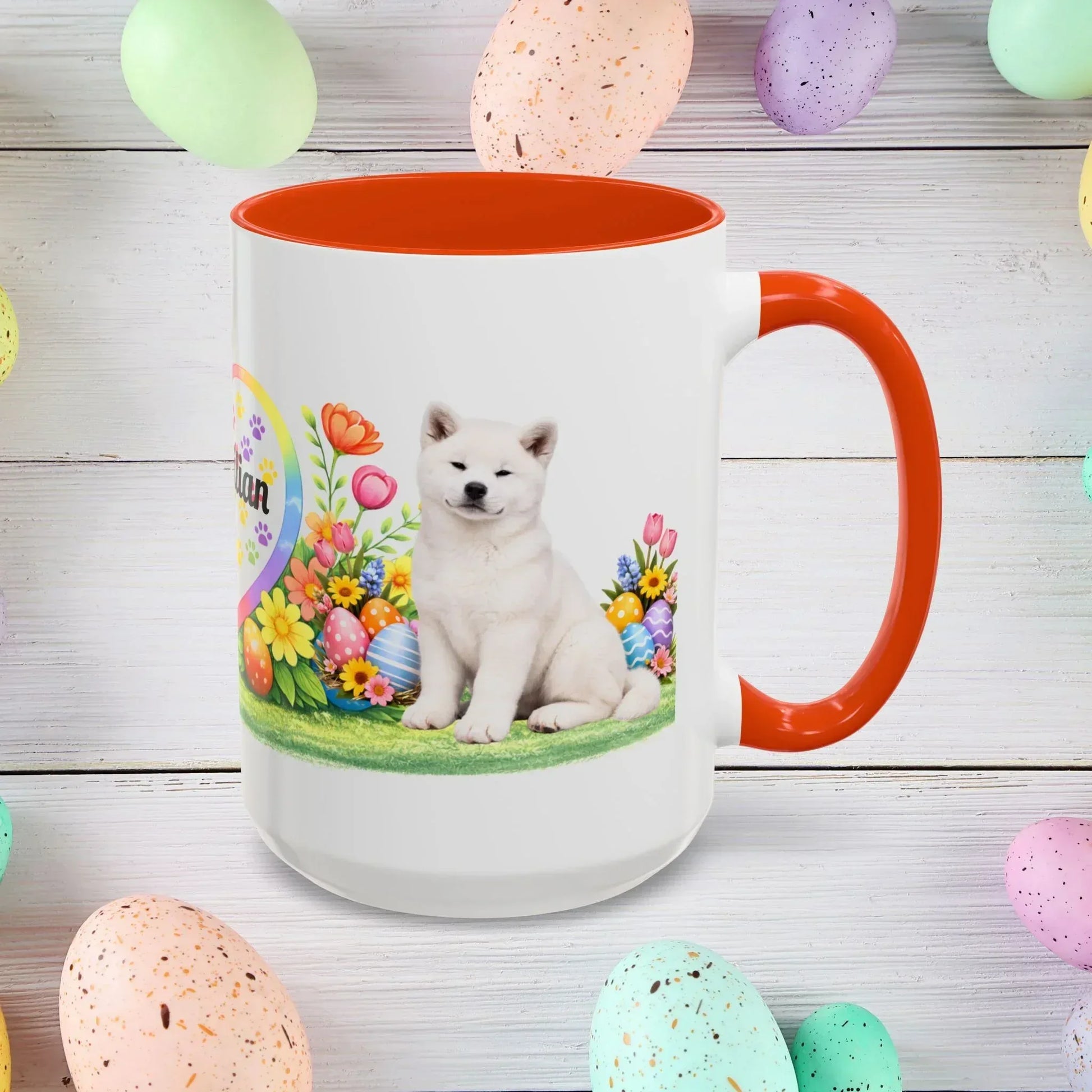 Shop our akita white puppy easter mug featuring the 15oz style option from MySisterIsASurvivor.