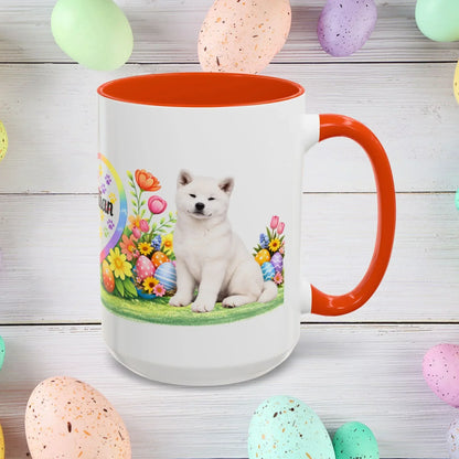 Shop our akita white puppy easter mug featuring the 15oz style option from MySisterIsASurvivor.