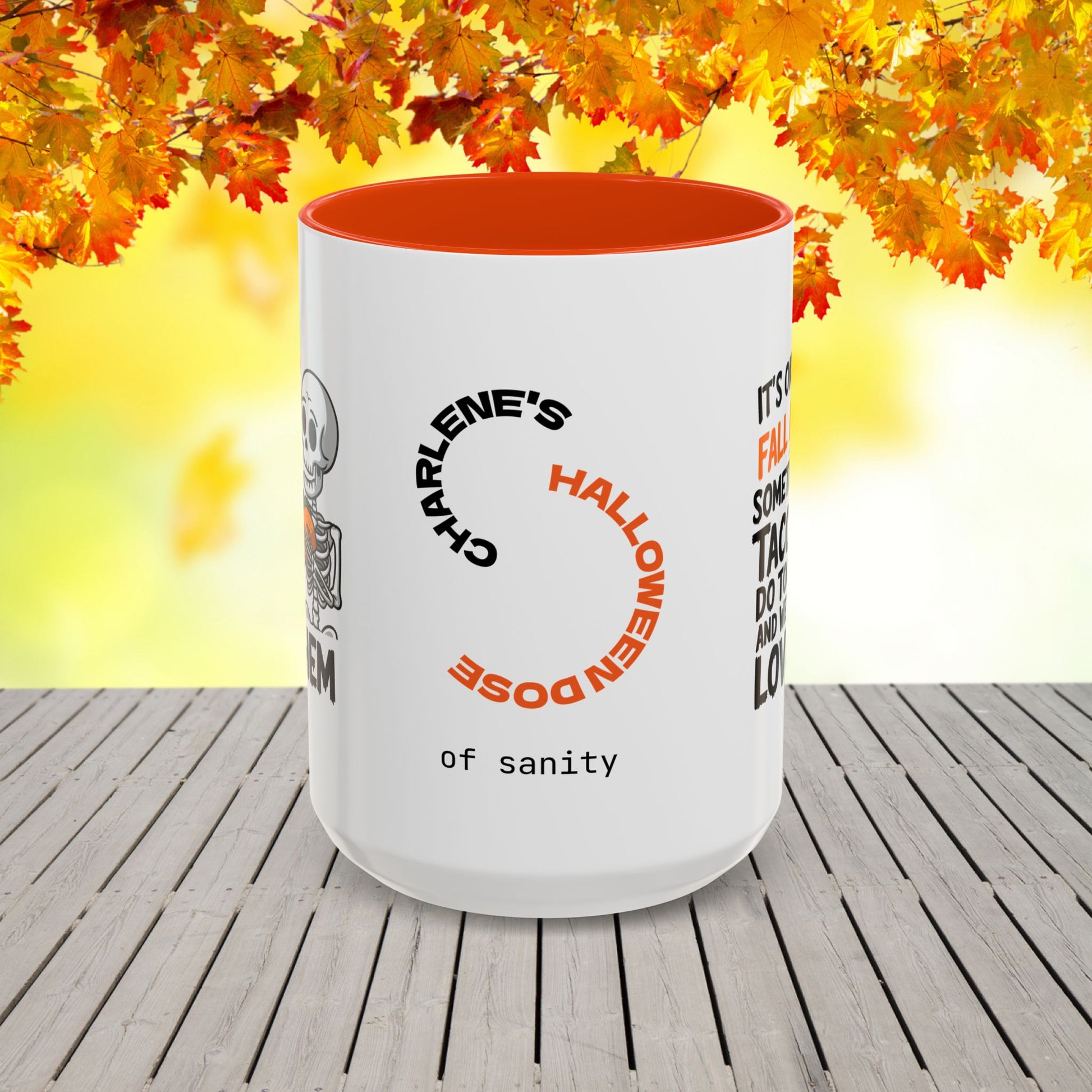 Personalized Halloween mug with taco quote, “It’s Okay to Fall Apart,” uplifting mental wellness gift with name.