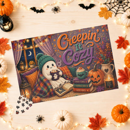 Creepin It Cozy Halloween Puzzle - Ghost in Beanie Reading by Candlelight with Pumpkin Spice Books