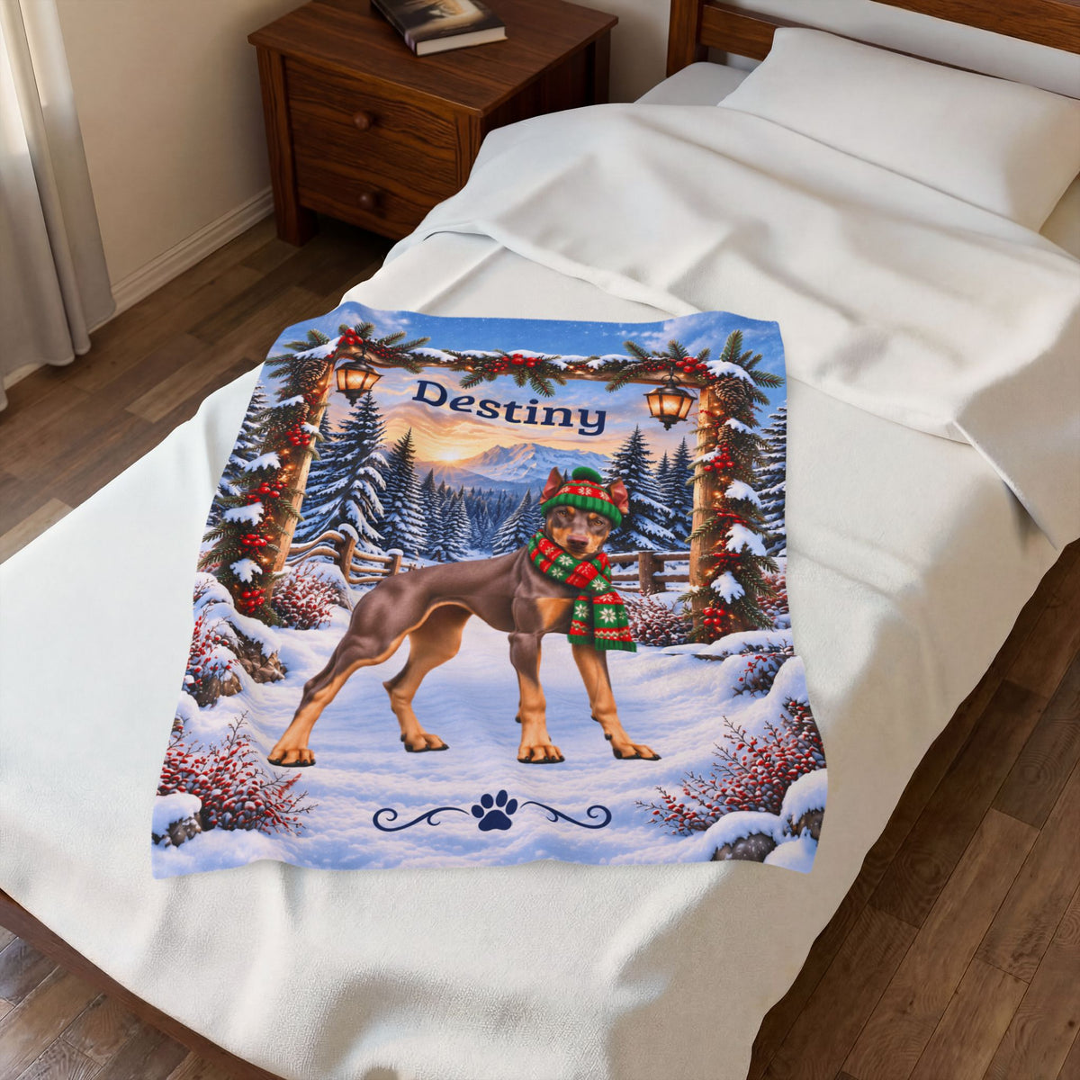 Doberman (Red Fawn Coat) - Personalized Winter Blanket, Snowy Woodland Velveteen Throw