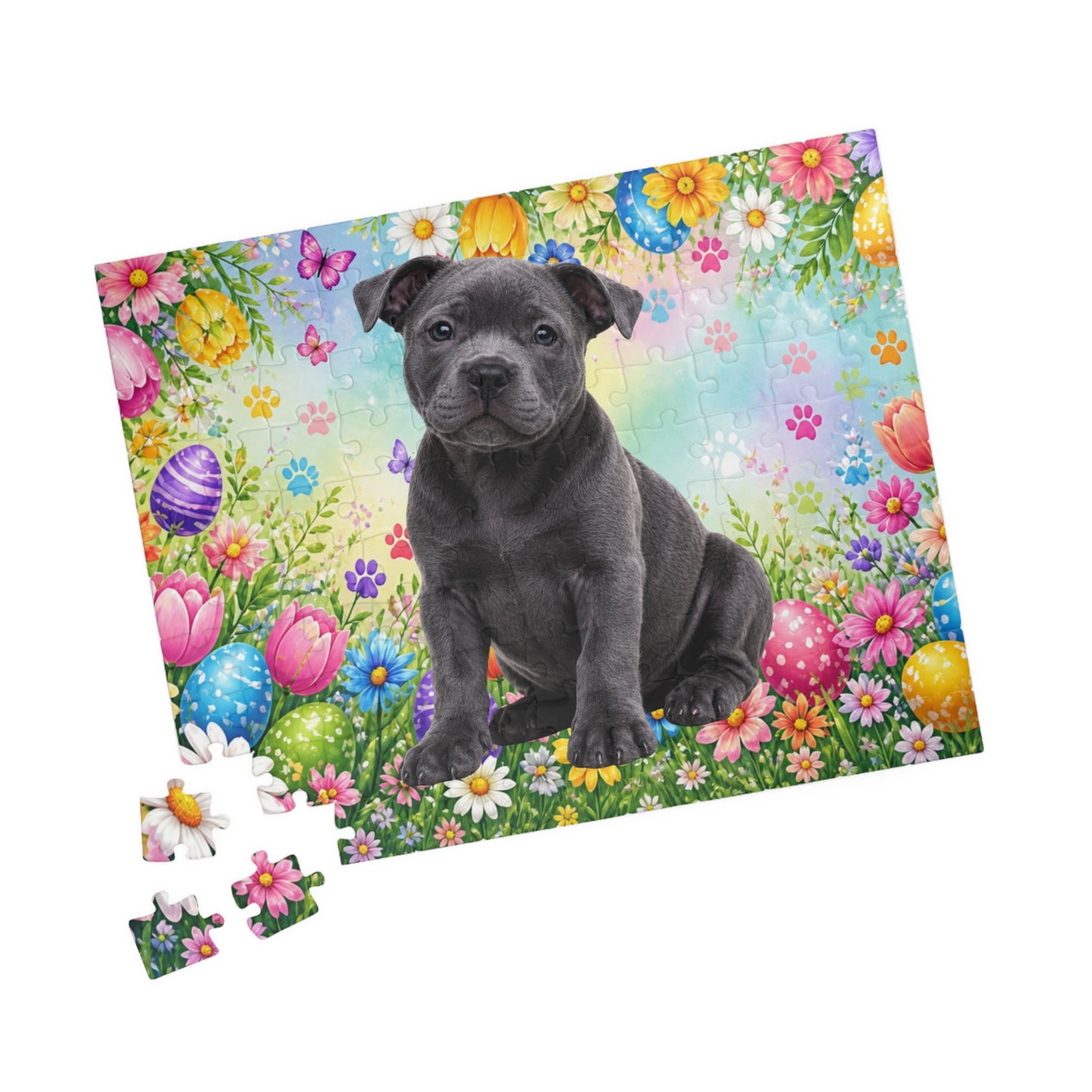 Pitbull (Blue) Easter Puppy Puzzle - Spring Garden with Eggs, Tulips, and Daisies