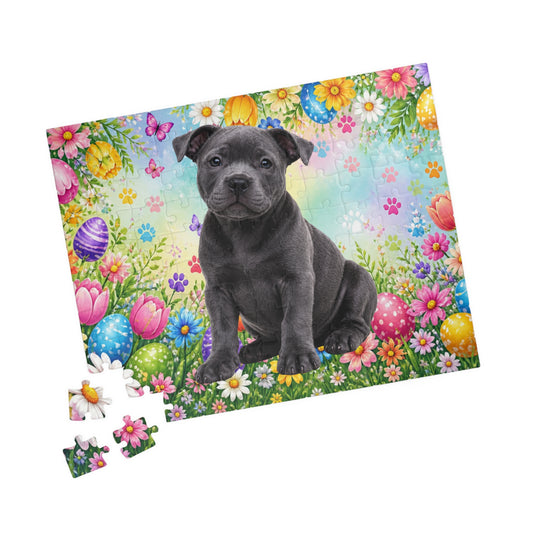 Pitbull (Blue) Easter Puppy Puzzle - Spring Garden with Eggs, Tulips, and Daisies