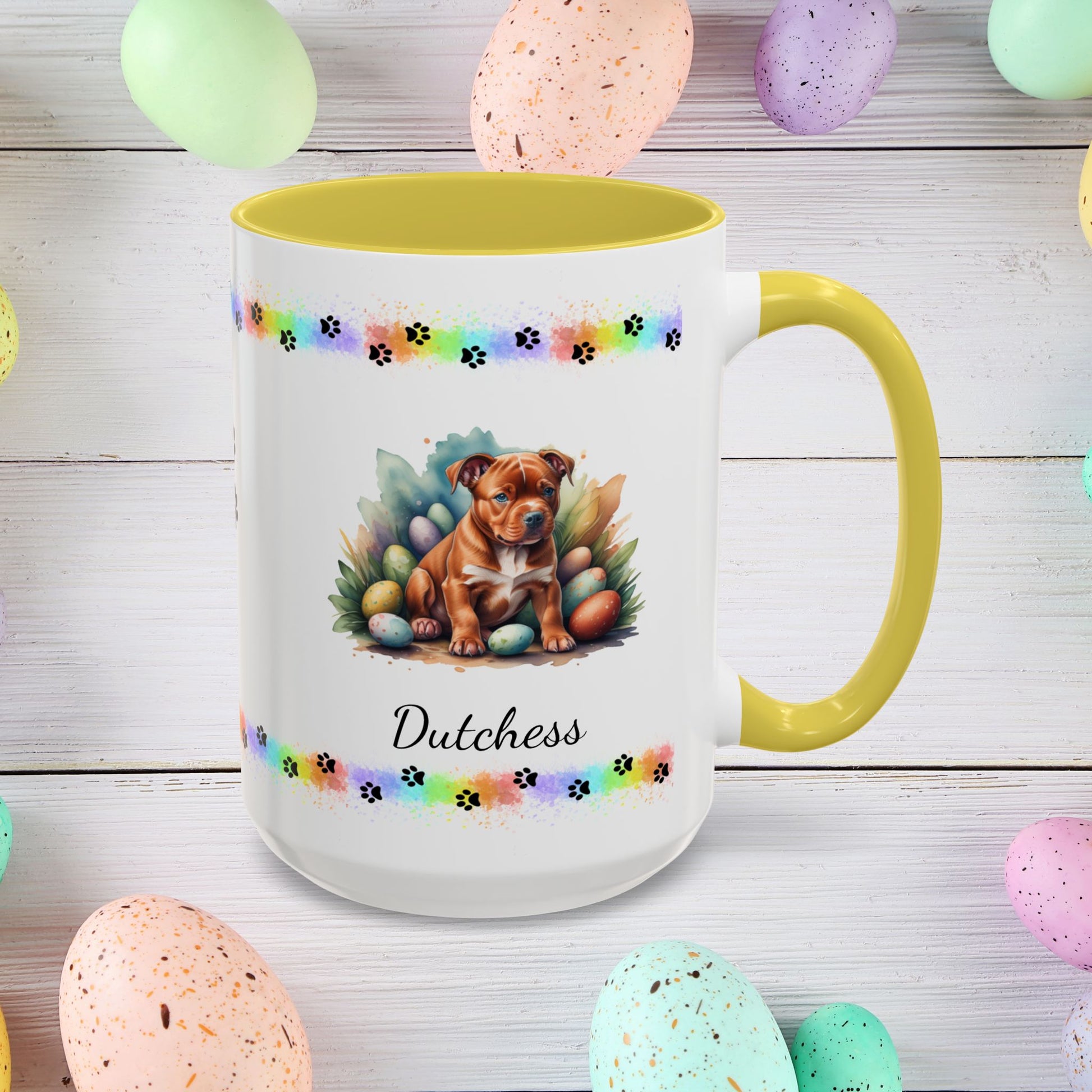 Pitbull (Red): Personalized Easter Puppy Coffee Mug - Adorable Dog Design, Mental Health Gift, 11oz & 15oz, 12 Color Choices, Easter Gifts & Décor