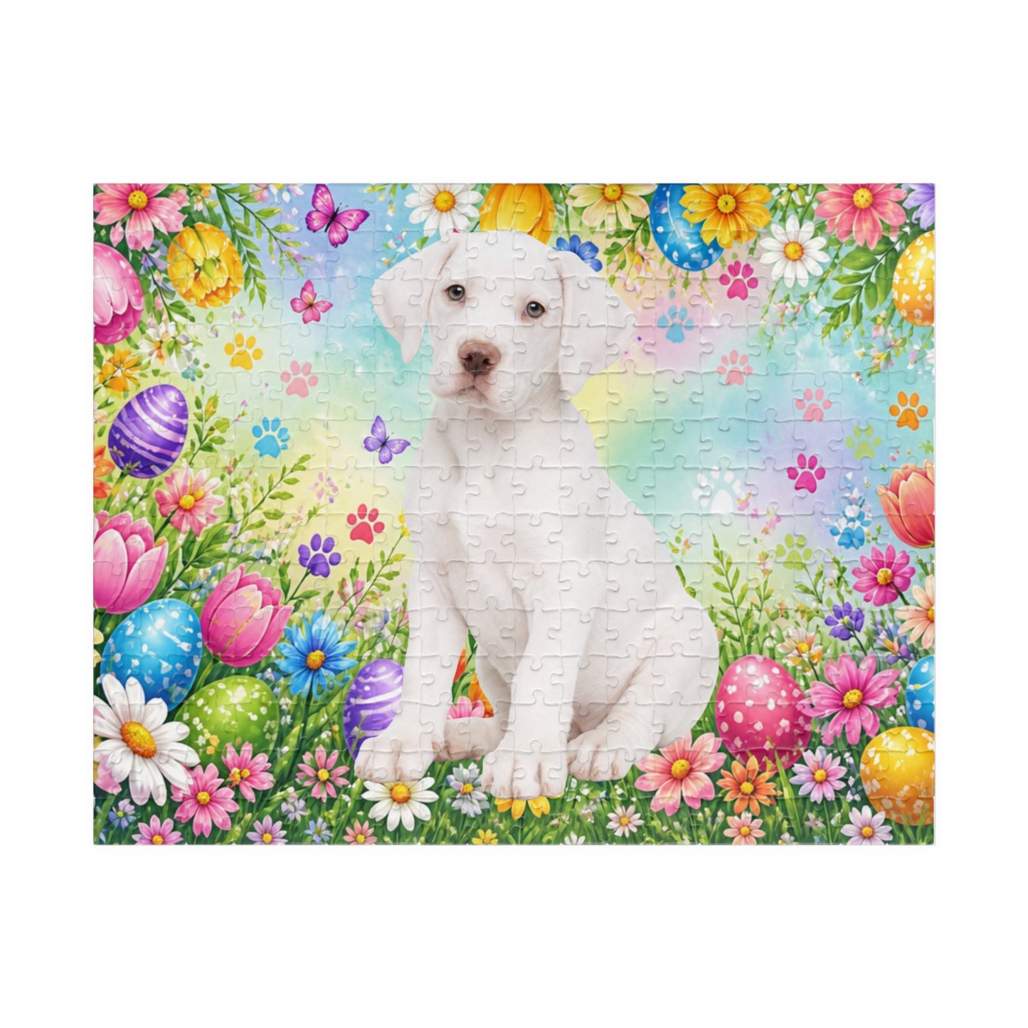 Great Dane (White) Easter Puppy Puzzle - Spring Garden with Eggs, Tulips, and Daisies