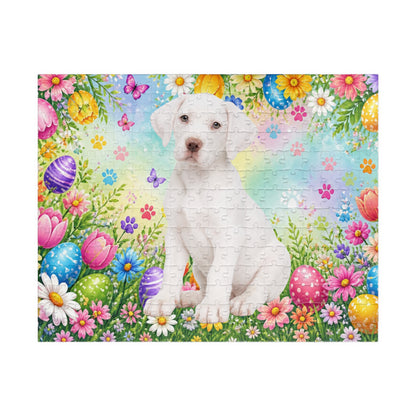Great Dane (White) Easter Puppy Puzzle - Spring Garden with Eggs, Tulips, and Daisies