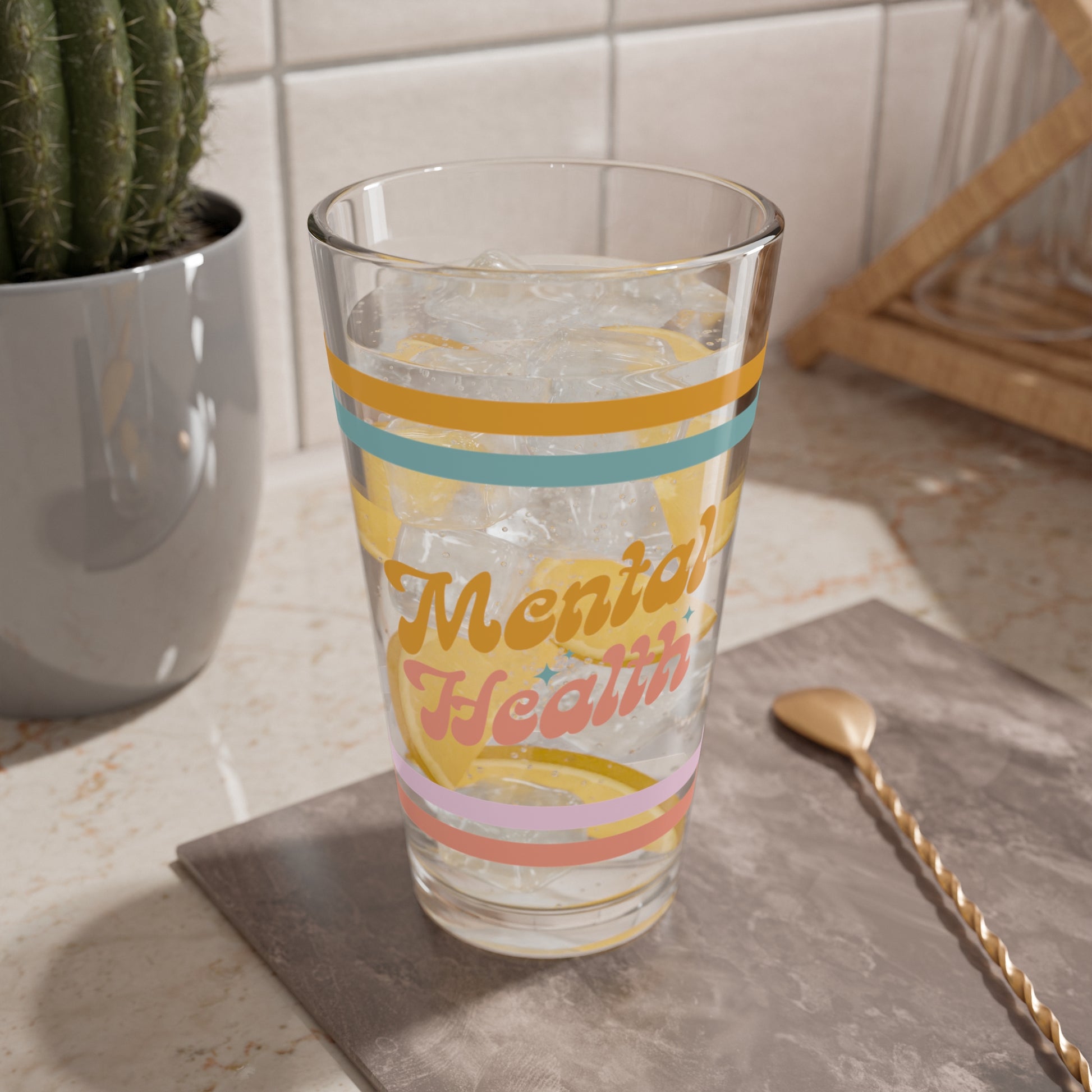 Mental Health Retro Pint Glass - 16oz Mental Health Drinkware, Clear Glass for Beverages