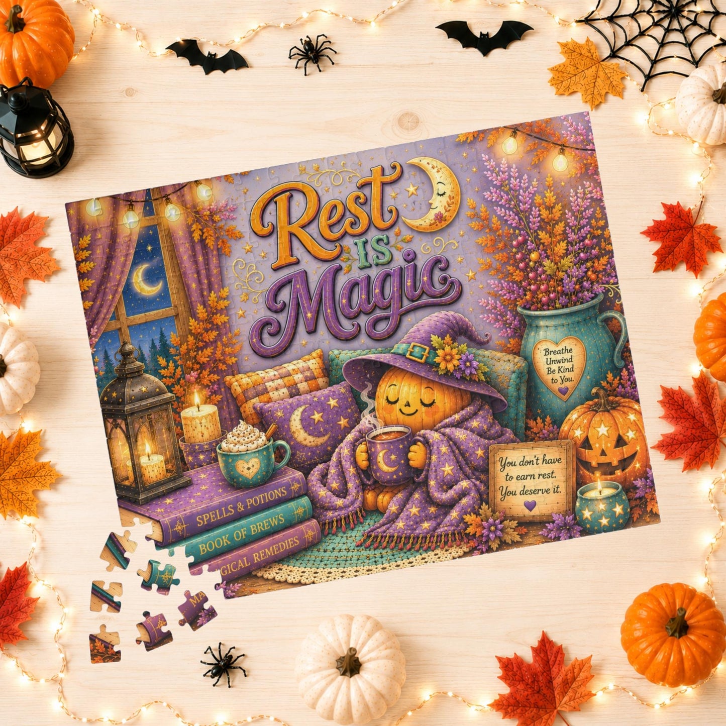 Rest Is Magic Halloween Puzzle - Cozy Pumpkin with Moon Mug, You Deserve Rest Sign, and Magical Books