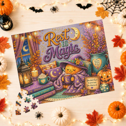 Rest Is Magic Halloween Puzzle - Cozy Pumpkin with Moon Mug, You Deserve Rest Sign, and Magical Books