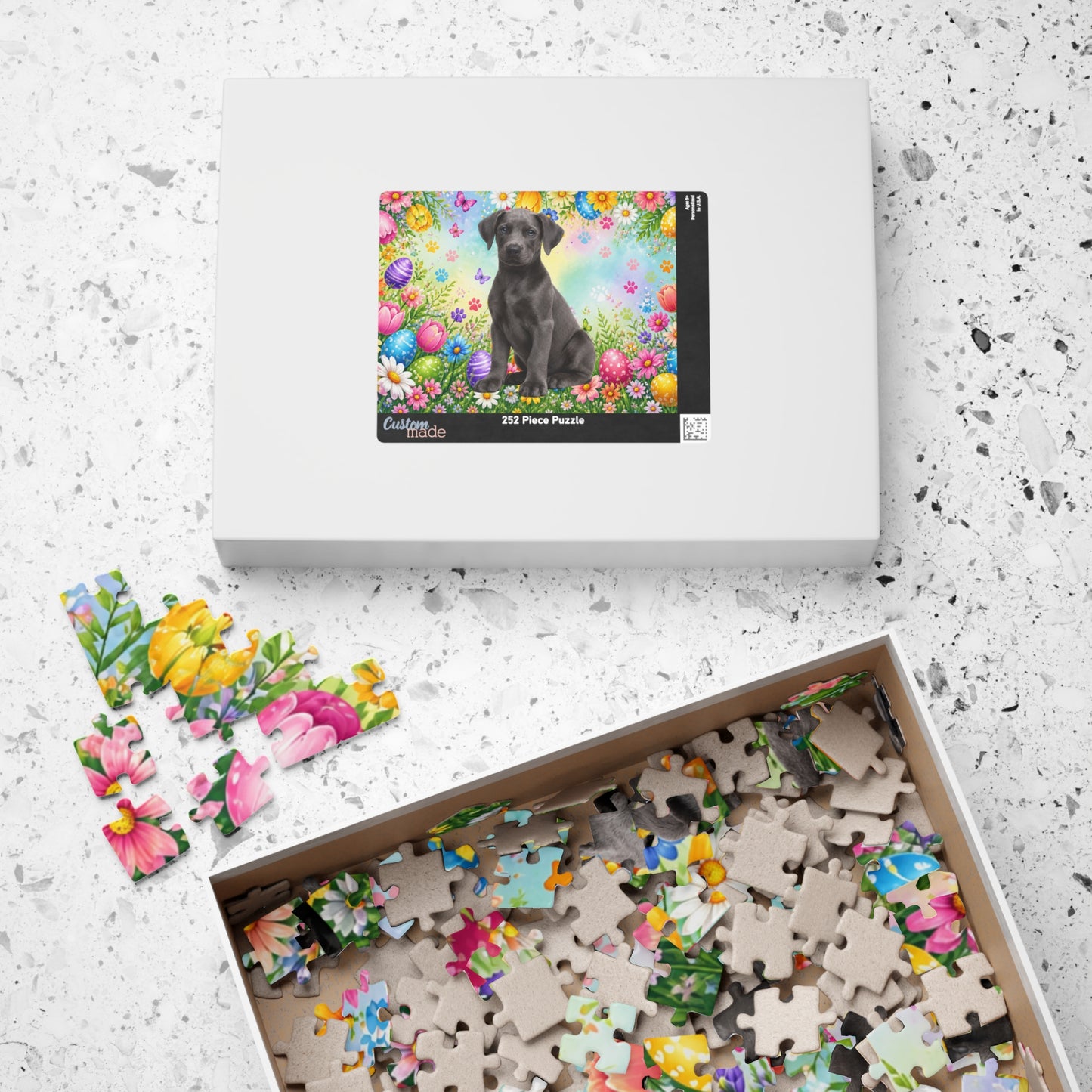 Doberman (Blue) Easter Puppy Puzzle - Colorful Spring Garden with Eggs and Blooms