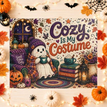 Cozy Is My Costume Halloween Puzzle - Ghost in Beanie with Good Vibes Pillow and Spooky Story Books