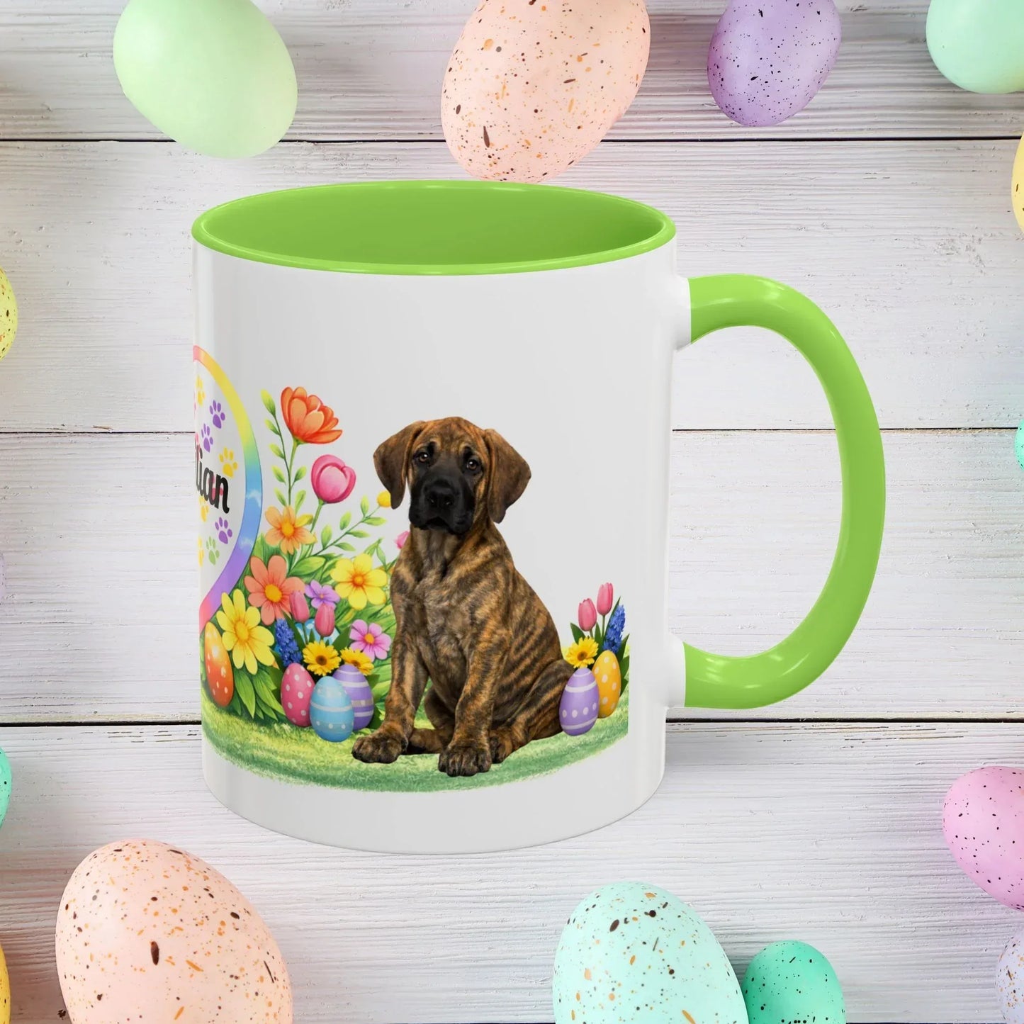 Shop our great dane brindle puppy easter mug featuring the 11oz style option from MySisterIsASurvivor.