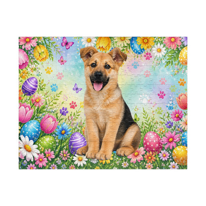 German Shepherd (Black & Tan) Easter Puppy Puzzle - Tulips, Easter Eggs, and Butterflies