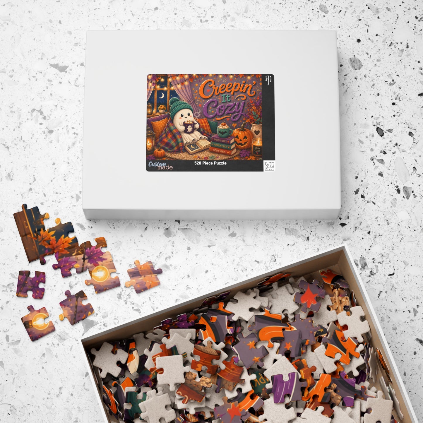 Creepin It Cozy Halloween Puzzle - Ghost in Beanie Reading by Candlelight with Pumpkin Spice Books