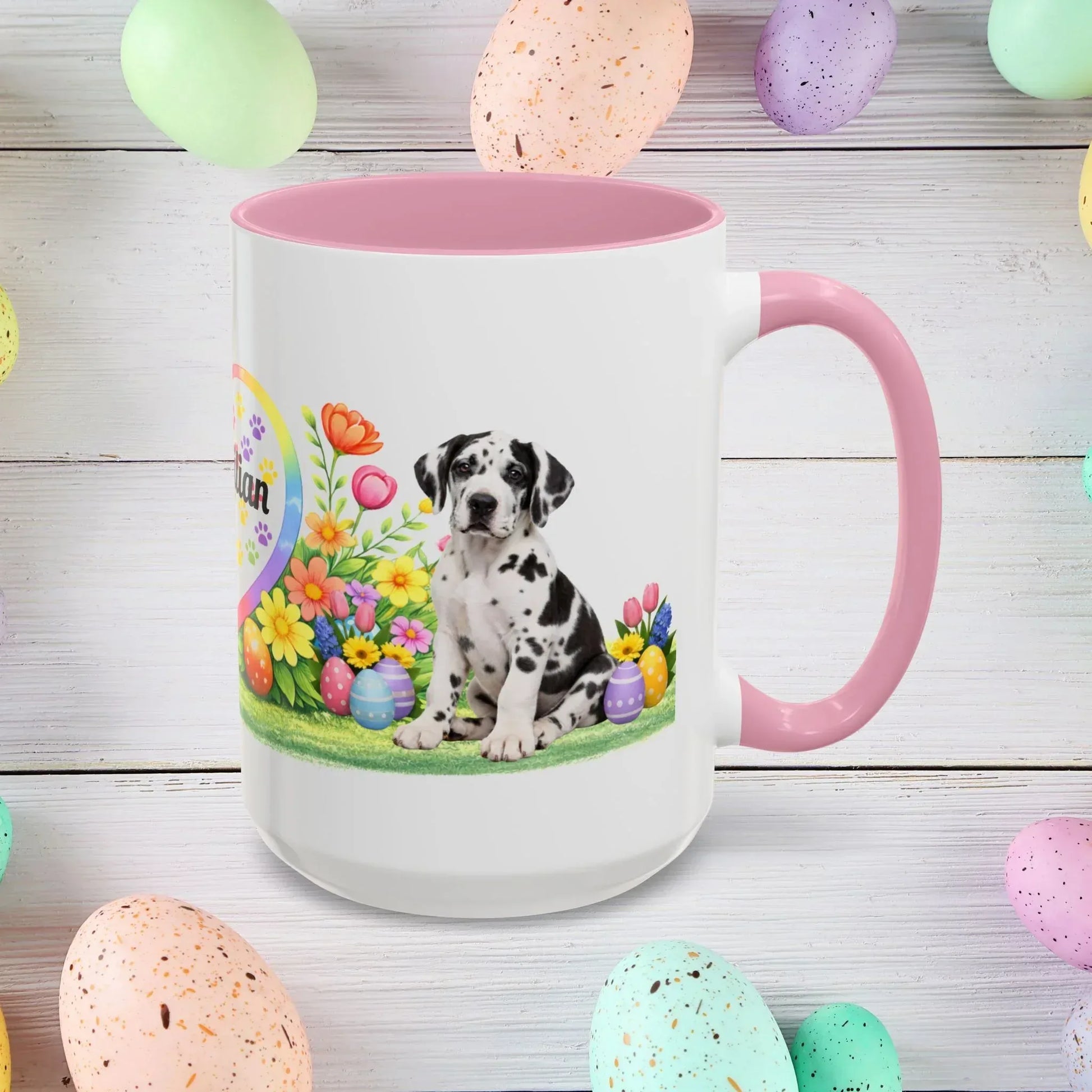 Shop our great dane harlequin puppy easter mug featuring the 15oz style option from MySisterIsASurvivor.