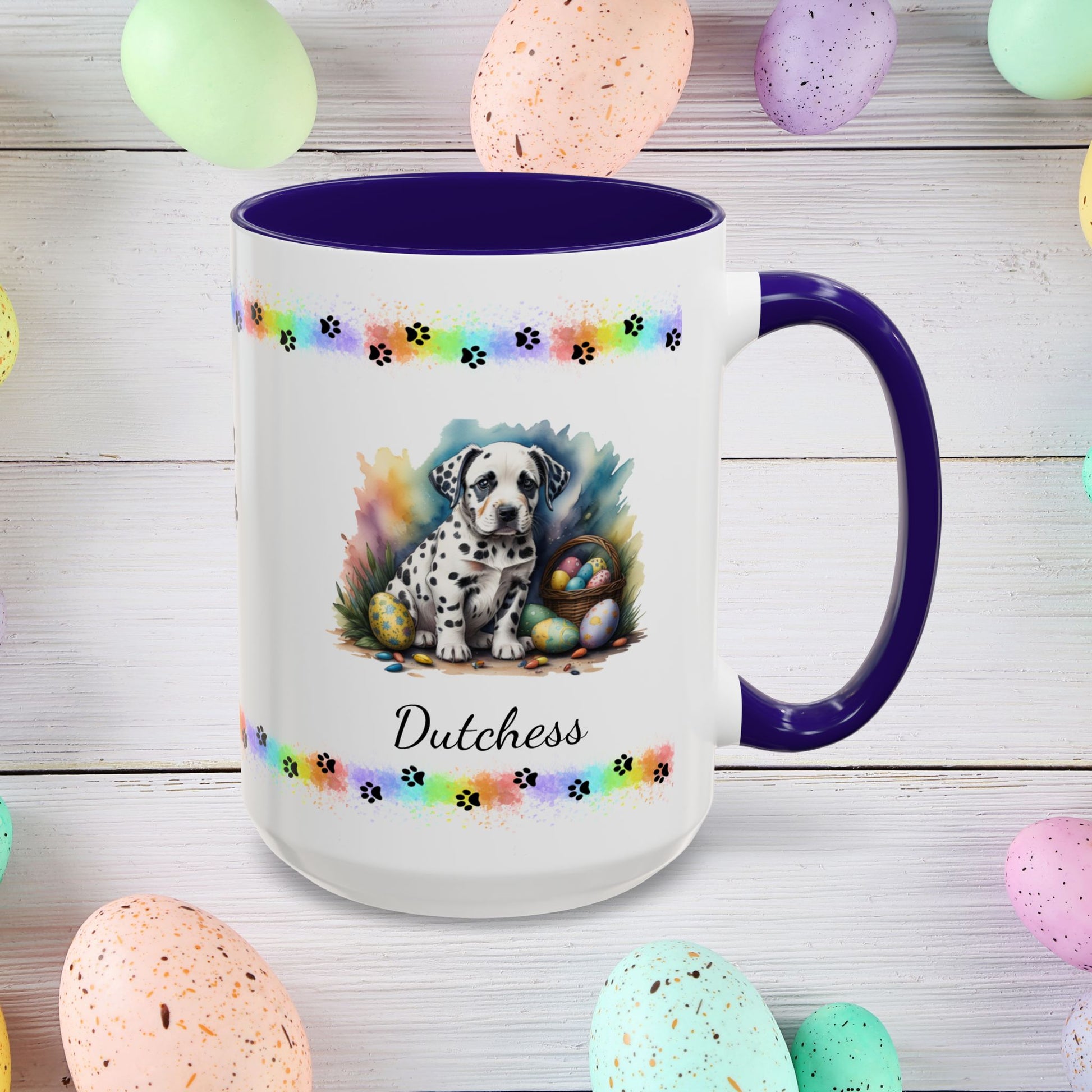 Dalmatian: Personalized Easter Puppy Coffee Mug - Adorable Dog Design, Mental Health Gift, 11oz & 15oz, 12 Color Choices, Easter Gifts & Décor