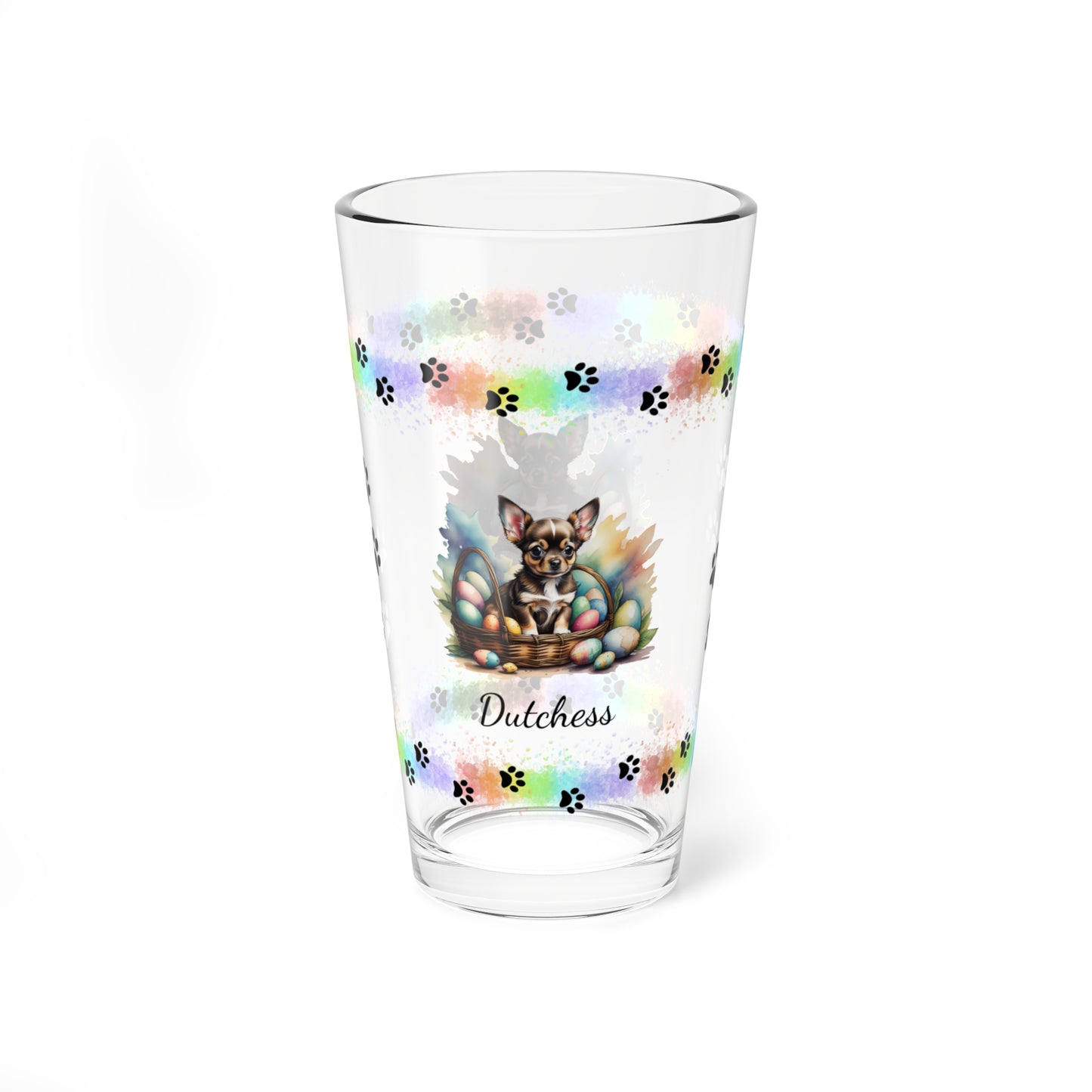 Chihuahua (Black Tri) Personalized Easter Puppy 16oz Pint Glass - Custom Dog Design, Mental Health Gift, Easter Décor, and Festive Celebrations