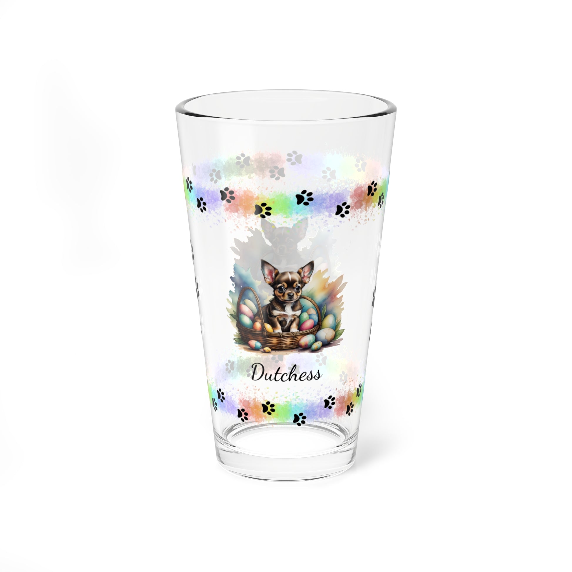Chihuahua (Black Tri) Personalized Easter Puppy 16oz Pint Glass - Custom Dog Design, Mental Health Gift, Easter Décor, and Festive Celebrations