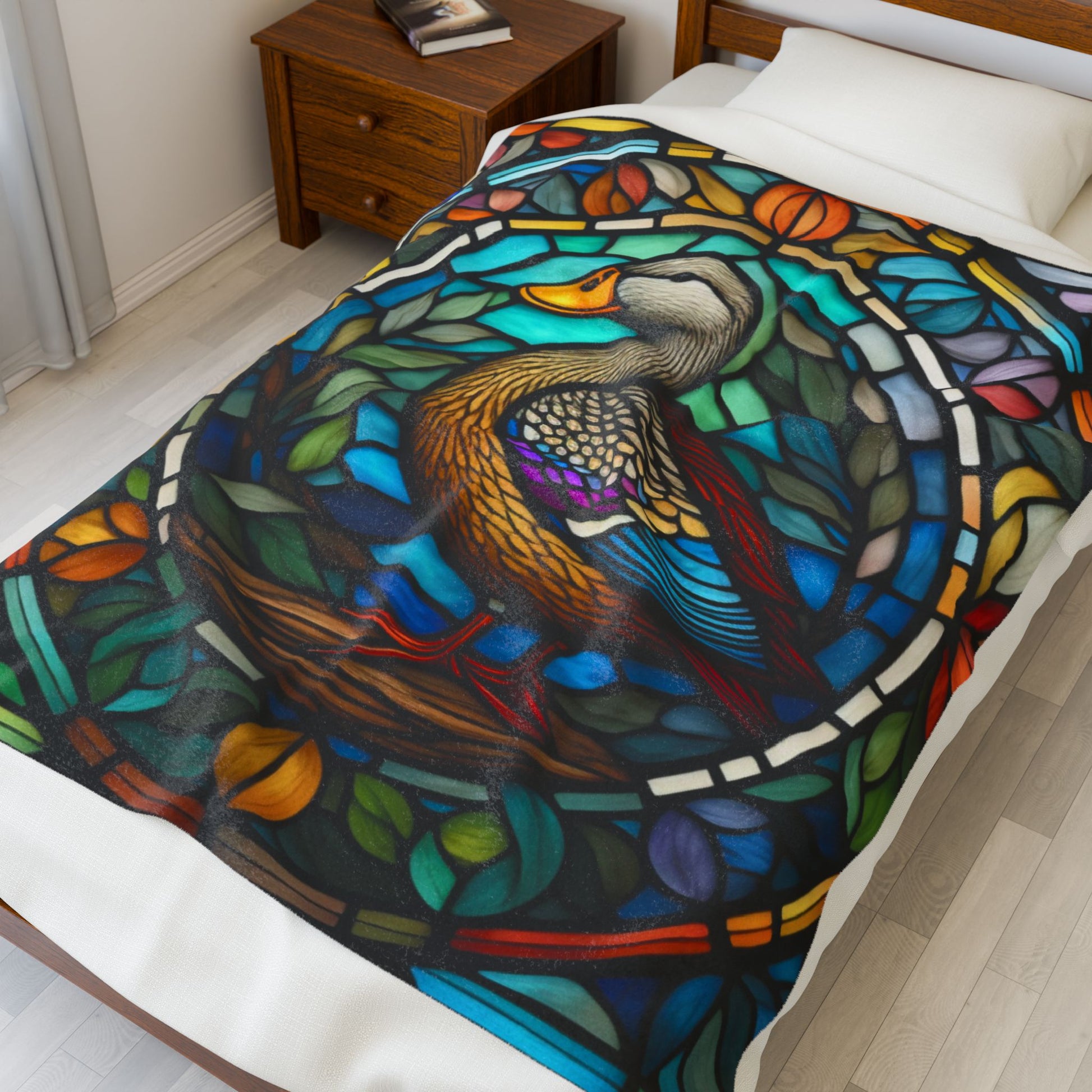 A stained glass duck blanket that brings bright wildlife charm and soft comfort to your home.