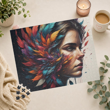 Resilience Palette - Woman's Portrait Puzzle with Colorful Feathers Exploding from Dark Background
