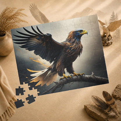 Sky Majesty Triumph - Cinematic Eagle Puzzle with One Wing Raised on Atmospheric Grey Background