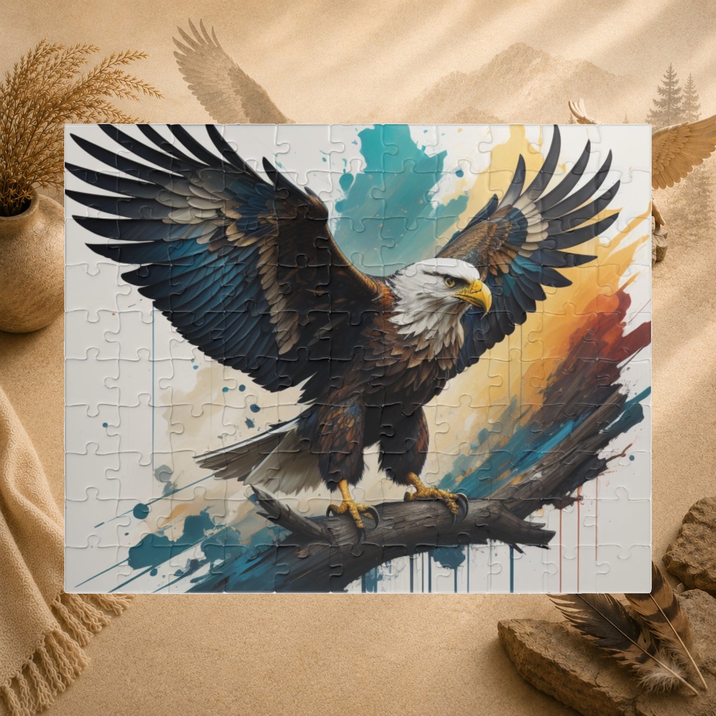 Inspirational Eagle Flight - Full-Body Bald Eagle Puzzle with Wings Spread on Watercolor Splash Background