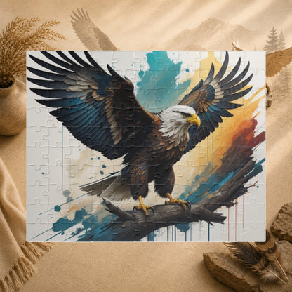 Inspirational Eagle Flight - Full-Body Bald Eagle Puzzle with Wings Spread on Watercolor Splash Background