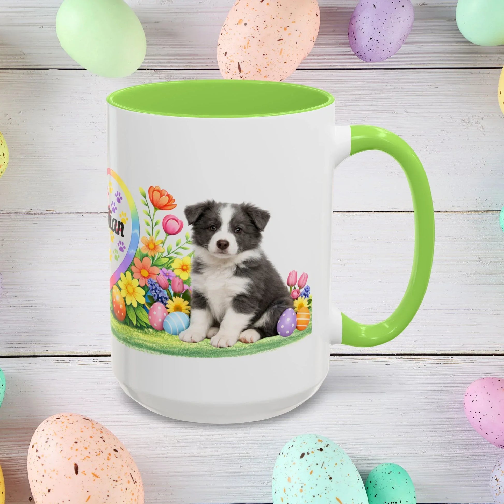 Shop our border collie blue white puppy easter mug featuring the 15oz style option from MySisterIsASurvivor.