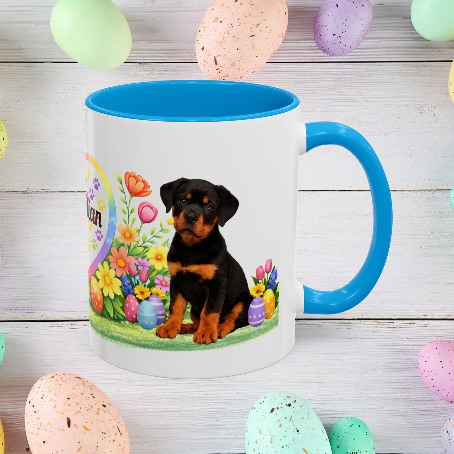 Shop our rottweiler black rust puppy easter mug featuring the 11oz style option from MySisterIsASurvivor.