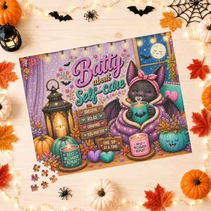 Batty About Self-Care Halloween Puzzle - Cozy Bat with Warm Mug, Blanket, and Rest Recharge Repeat