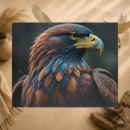 Feathers of Resilience - Close-Up Eagle Portrait Puzzle with Warm Brown and Teal Feathers on Green Bokeh