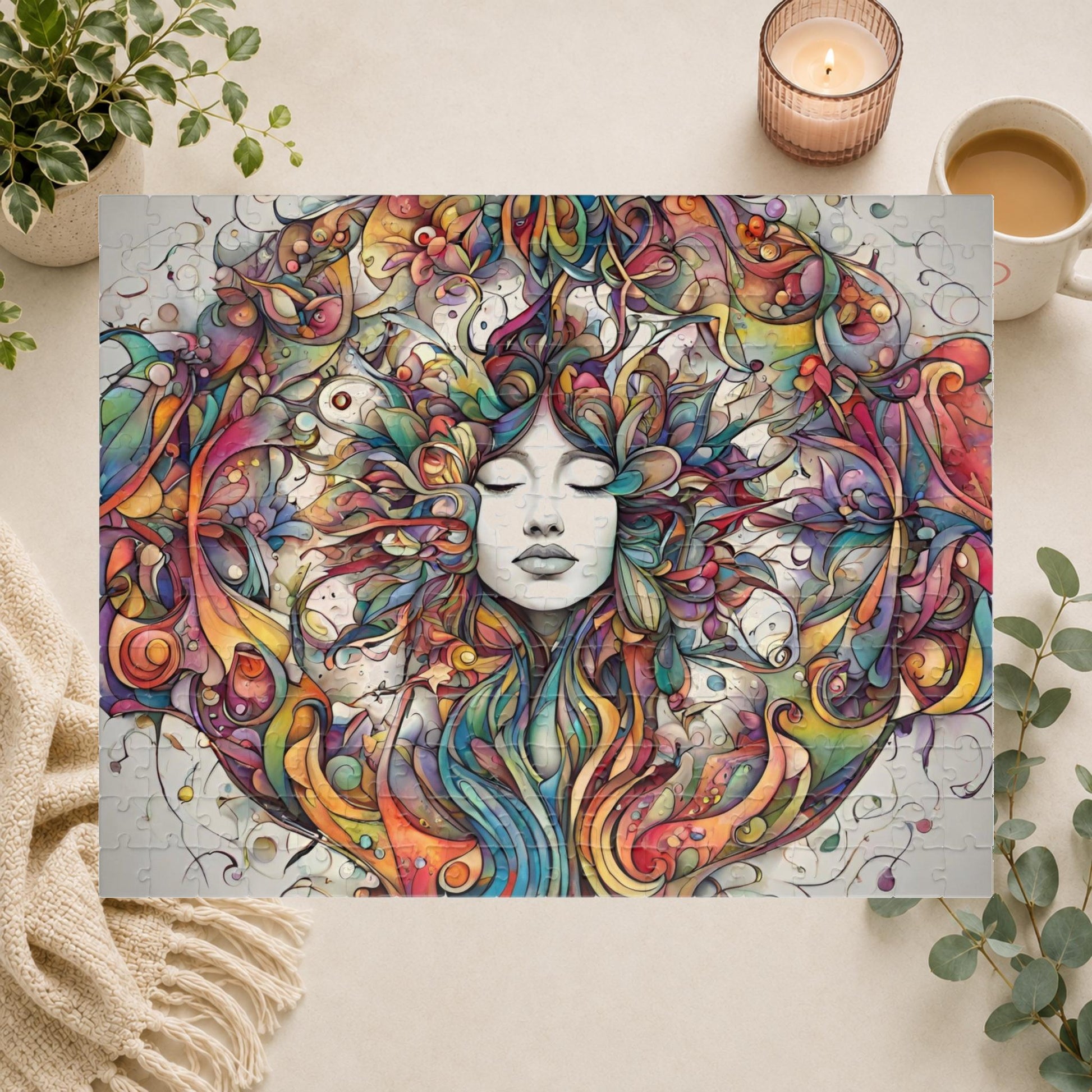 Colorful artwork of a woman's face with intricate patterns in her hair on a white background