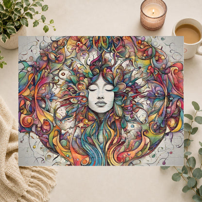 Colorful artwork of a woman's face with intricate patterns in her hair on a white background