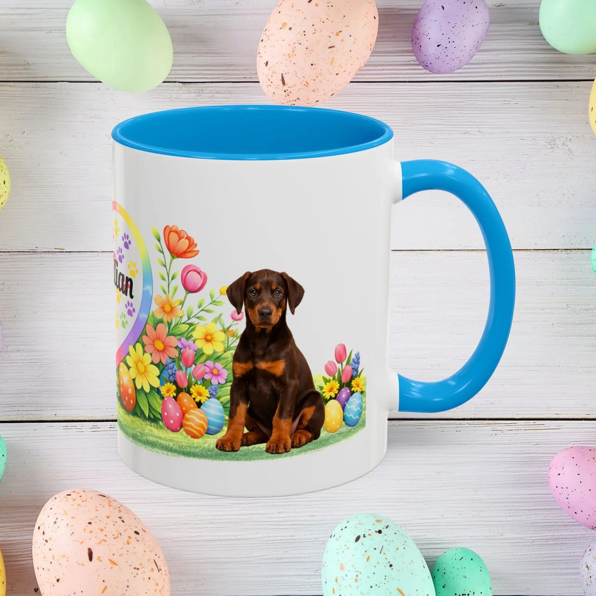 Shop our doberman red rust puppy easter mug featuring the 11oz style option from MySisterIsASurvivor.
