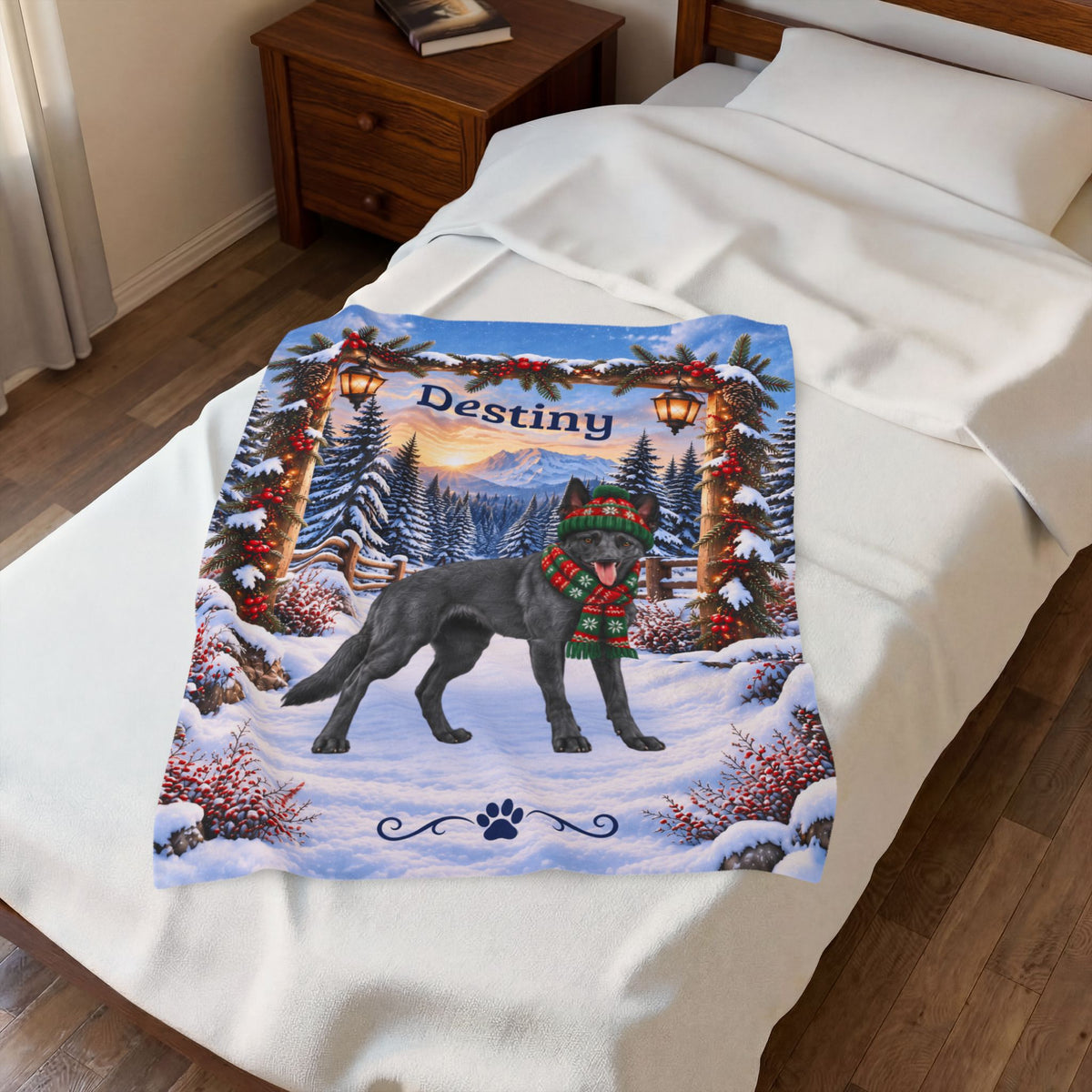 Belgian Malinois (Blue Slate Coat) - Custom Name Woodland Throw, Personalized Winter Dog Dad Blanket
