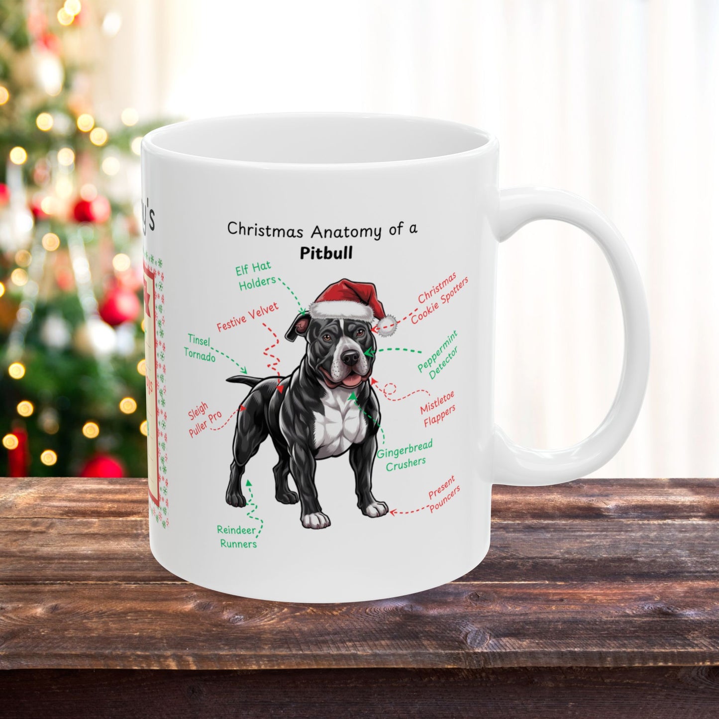 Pitbull (Black & White) Christmas mug, custom dog anatomy coffee cup, funny holiday gift for Pitbull fans