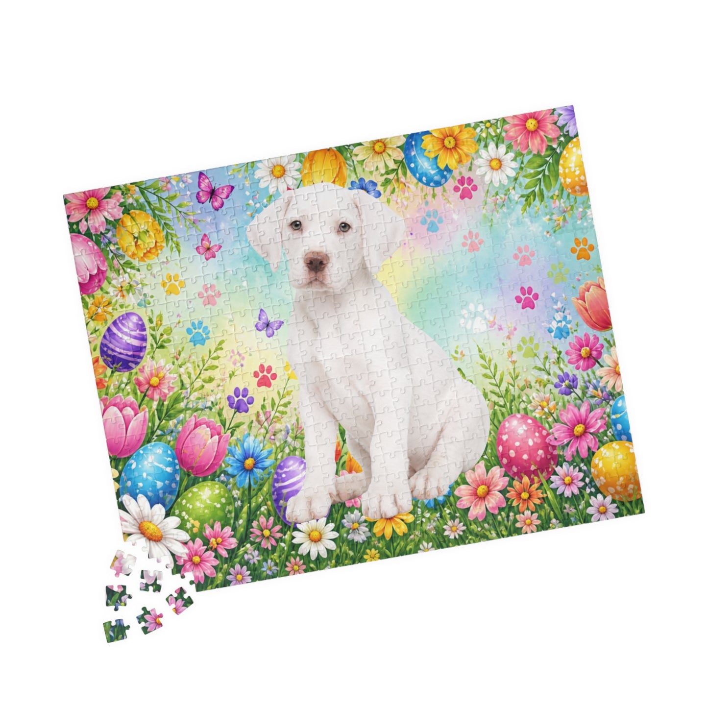 Great Dane (White) Easter Puppy Puzzle - Spring Garden with Eggs, Tulips, and Daisies