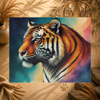 Striped Serenity - Painterly Tiger Side Profile Puzzle with Teal and Peach Gradient Background