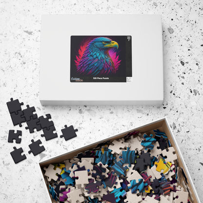 Triumphant Talons - Blacklight Neon Eagle Head Puzzle with Teal and Purple Feathers on Deep Black