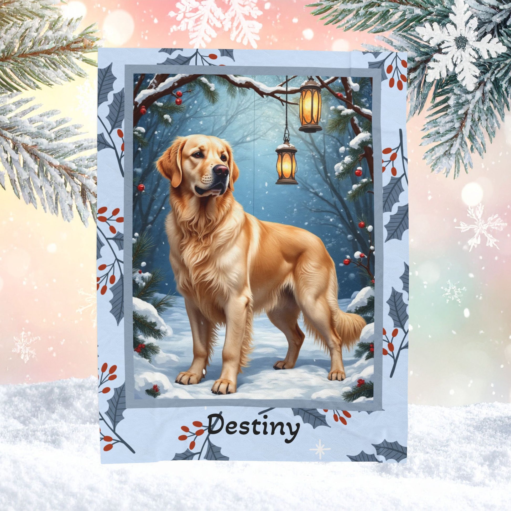 Golden Retriever Cream personalized winter throw featuring a smiling Golden Retriever in cozy snowy lodge décor