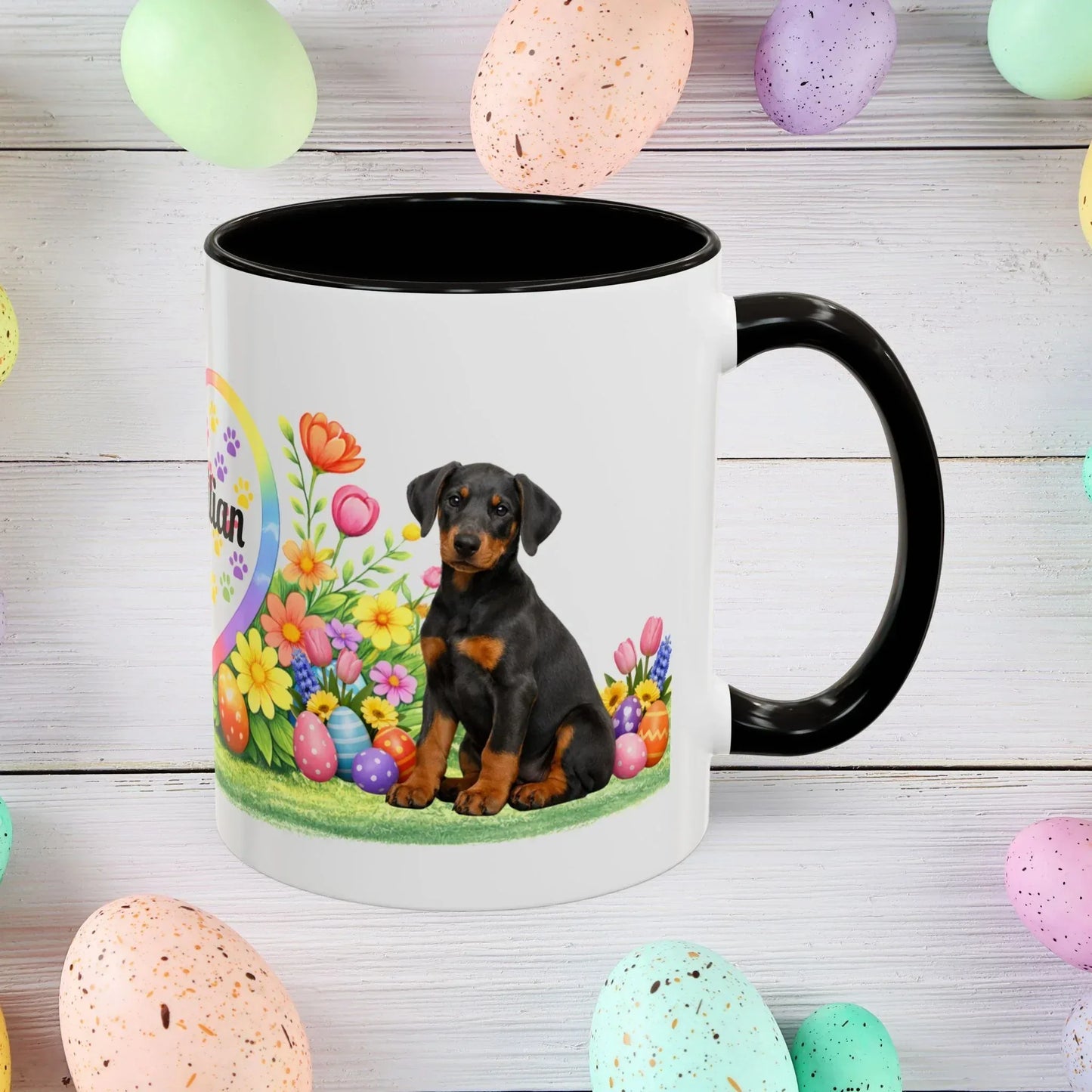 Shop our doberman blue rust puppy easter mug featuring the 11oz style option from MySisterIsASurvivor.